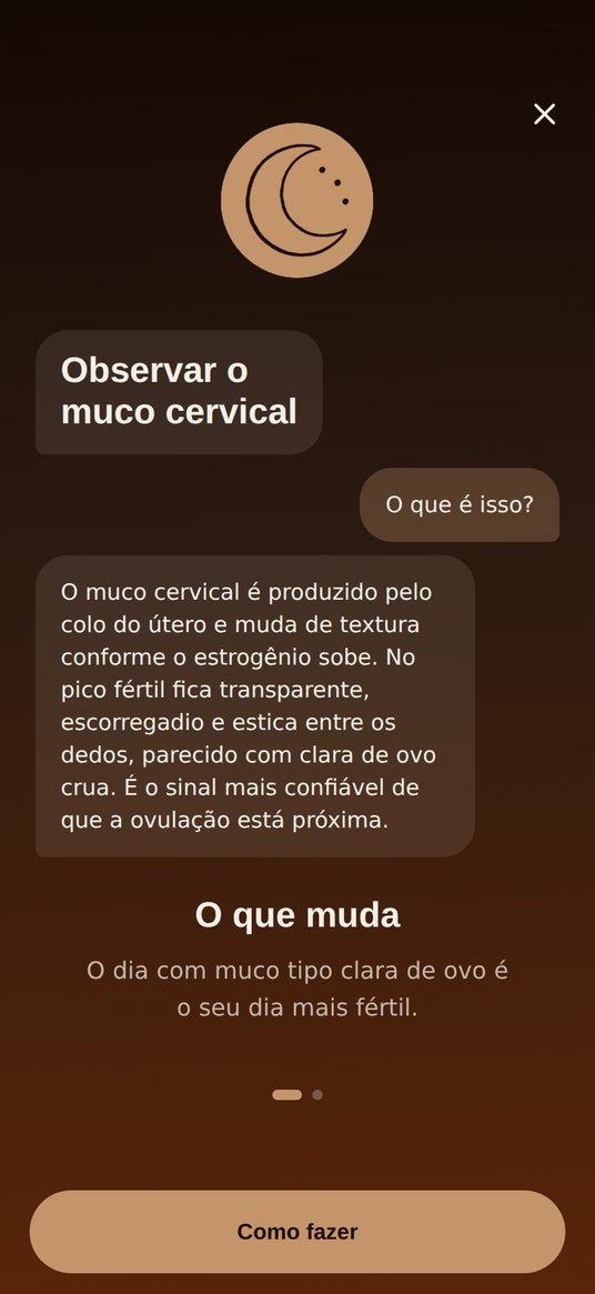 A primeira tela da ação: fundo escuro, com a explicação do que é o muco cervical em blocos de conversa