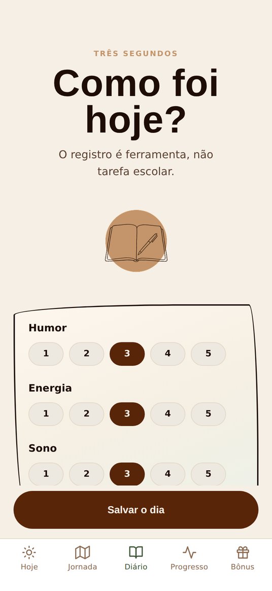 A aba do diário, com o calendário do mês e os registros de humor, energia e sono